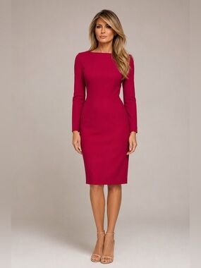 Susan Lazar Deep Red 100% Wool Sheath Long Sleeve Dress Size 8
